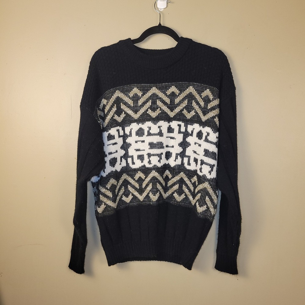 Adam Sloane Vintage Geometric Knit Sweater Mens L‎ Black Cream Made Korea
